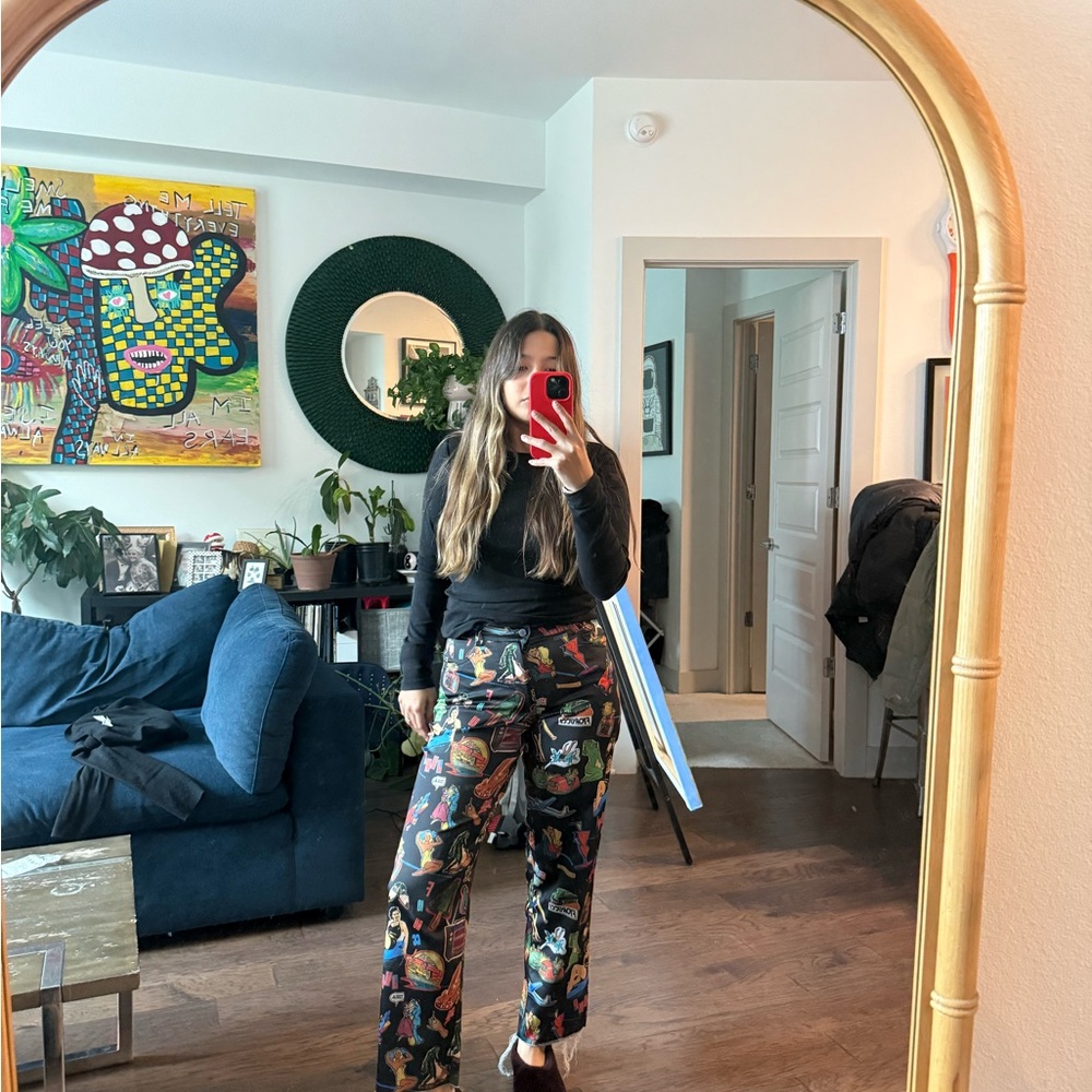 Fiorucci Black Wide-Leg Printed Pants with Multicolor Motifs